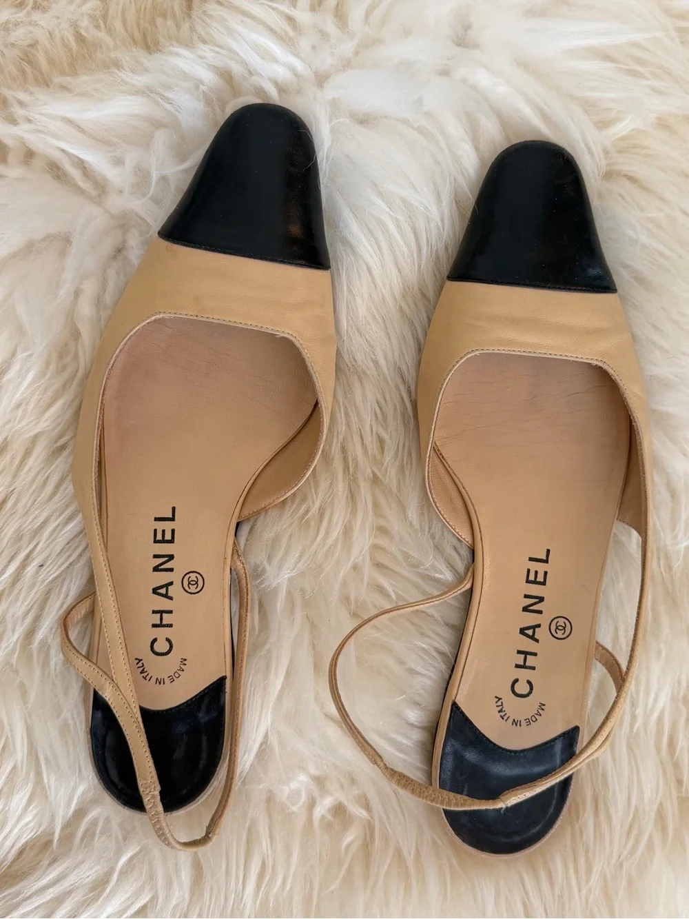 CHANEL Beige and Black Cap-Toe Slingback Flats